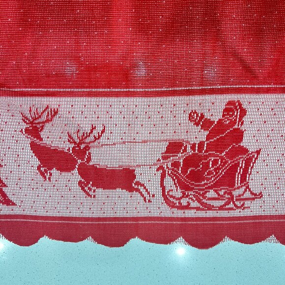 Vintage Red Lace Christmas Tablecloth Reindeer Santa Bells Sheer Xmas Tree Sheer - Picture 5 of 6